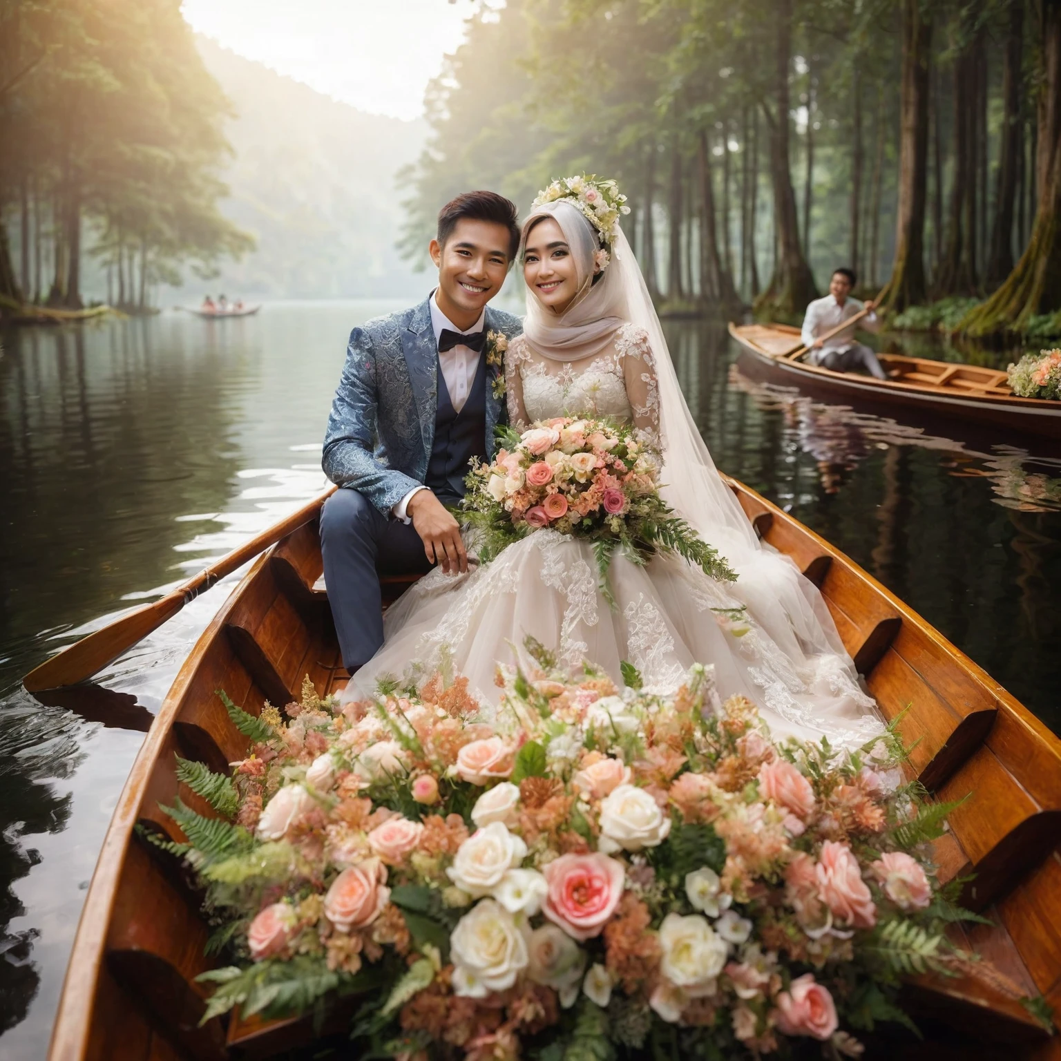 Indonesian bride and groom on a row boat with flowers in front, floating flower bouquet, on a boat on the lake, romantic pose, happy and smiling, very magical, covered with flowers, rowing boat, beautiful couple, delicate theme, romantic couple, in a fairytale forest unique, romantic themed, romantic greenery, in a romantic style, on the lake, beautiful atmosphere, ultra high definition