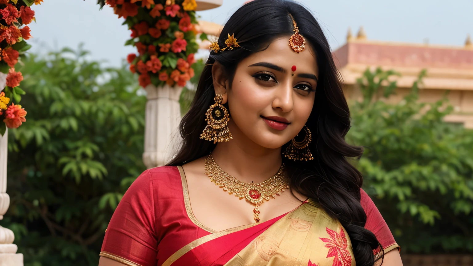 Anushka Shetty 28 years old beautiful different cute Indian face Indian girl, big huge breast, curvy plus size body figure, Botanical Leaf Embroidery t-shirt, different colorful Botanical Leaf Banarasi Saree, different hairstyle, bright eyes, thin eyebrows, fair skin, blushing cheeks, head to thigh close up view, smiling face, ultra realistic skin texture, Straight front view standing Pose, beautiful different Shani Shingnapur Temple background, ultra realistic, close up head to thigh view, black hair, Provocative eye Contact, glossy lipstick, attractive eye contract face, big bulky breast