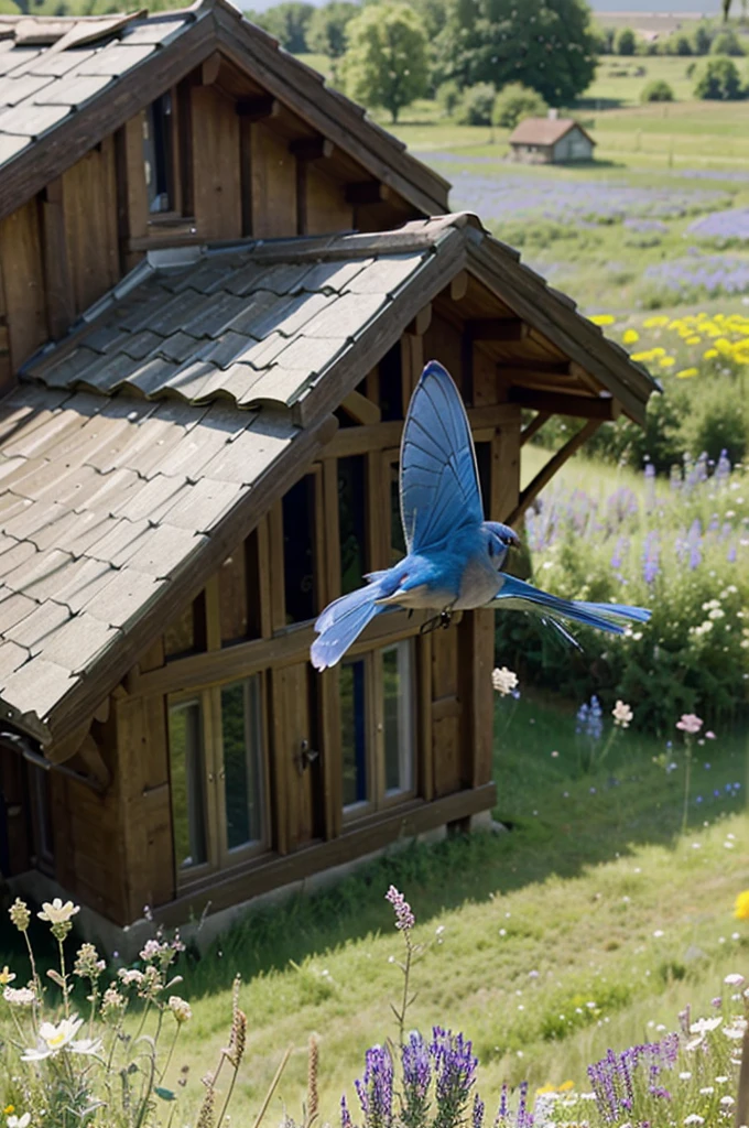 A close-up of a bluebird flying over a house in a meadow, with flowers and butterflies flying in the background.