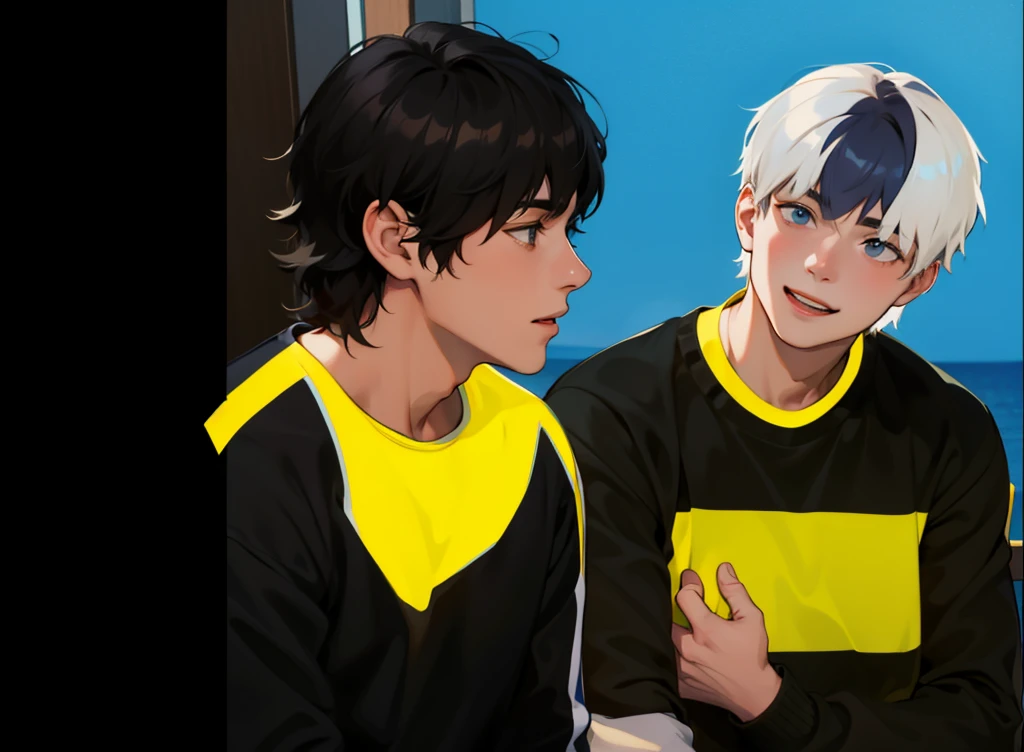 There are two young men of 16 years old, they look at each other&#39;s faces with a smile. They walk through the streets of a town. In the background, you can see houses.