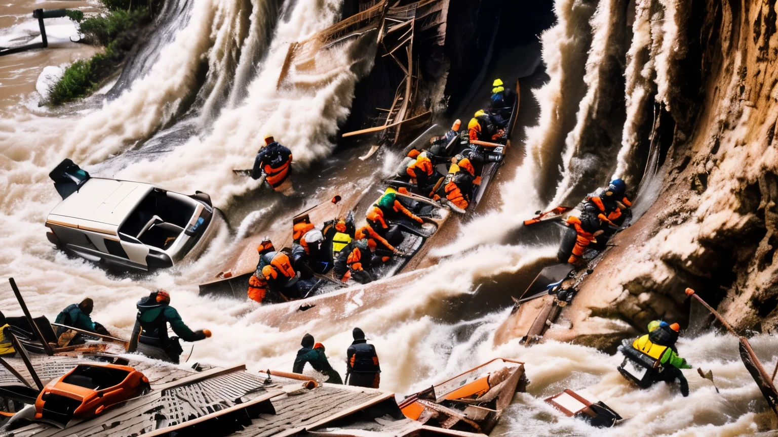 plowed vehicles get stuck in a river while people climb a cliff, oil painting of an Superpovoado, National Geographic Award for Photography, people drowning, Disaster photography, Superpovoado, people running away, flood water painting, Sony world photography awards, winner of best photo of the year, sobrecarga, dramatic art, ruan jian, viral photo, giant river