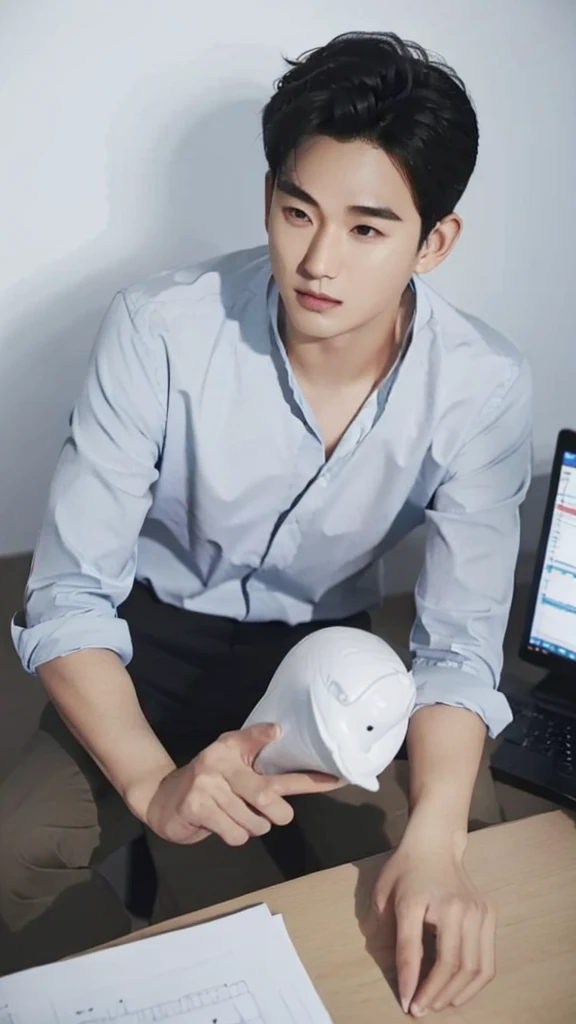 Asian guy, 25 years old, short black hair, sitting at a desk with a computer screen, looking at the camera