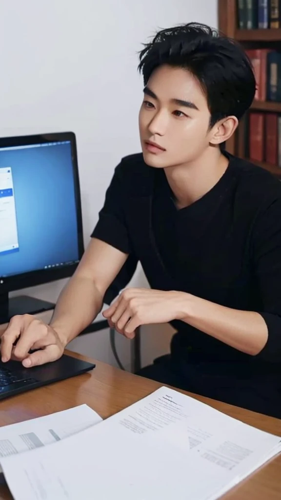 Asian guy, 25 years old, short black hair, sitting at a desk with a computer screen, looking at the camera