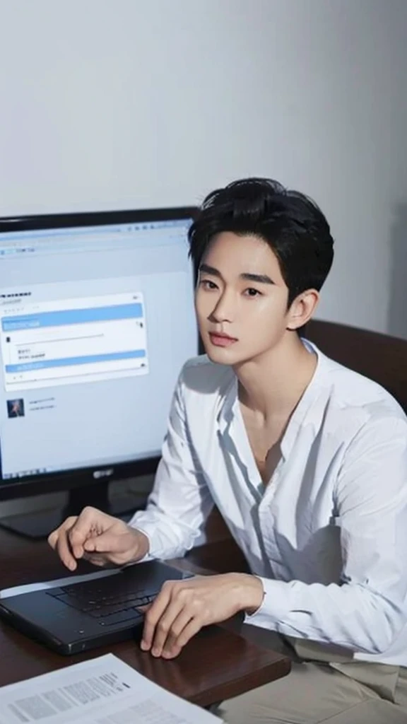 Asian guy, 25 years old, short black hair, sitting at a desk with a computer screen, looking at the camera