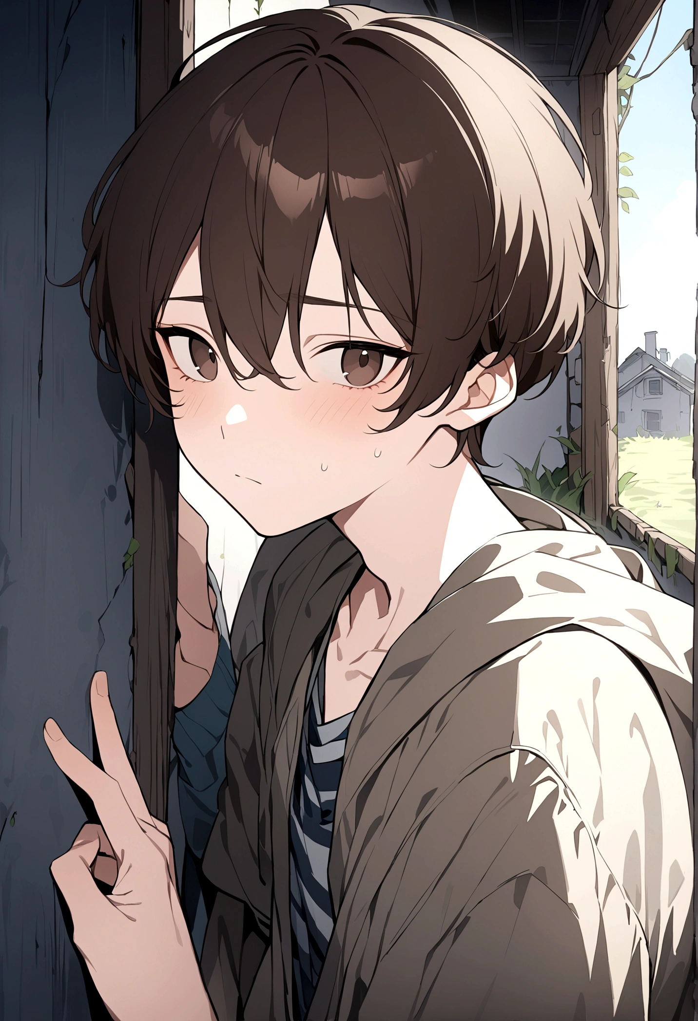 (Masterpiece, 32k, 8k, image focused on the character's face), male ager, 16 yabby clothes, tired expression on his face, dark brown hair, dark brown eyes, character facing the viewer, leaning against the wall of an abandoned house