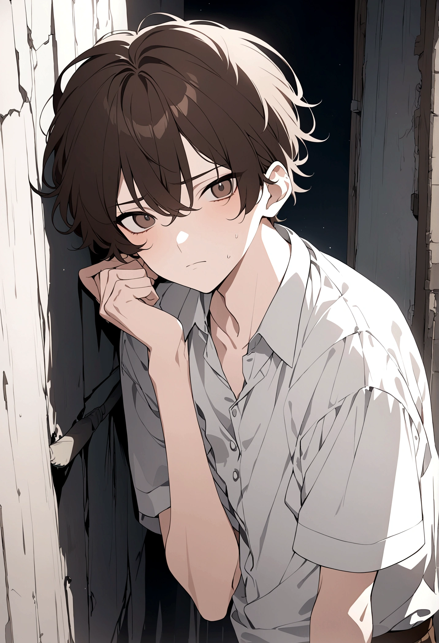 (Masterpiece, 32k, 8k, image focused on the character's face), male teenager, , shabby clothes, tired expression on his face, dark brown hair, dark brown eyes, character facing the viewer, leaning against the wall of an abandoned house