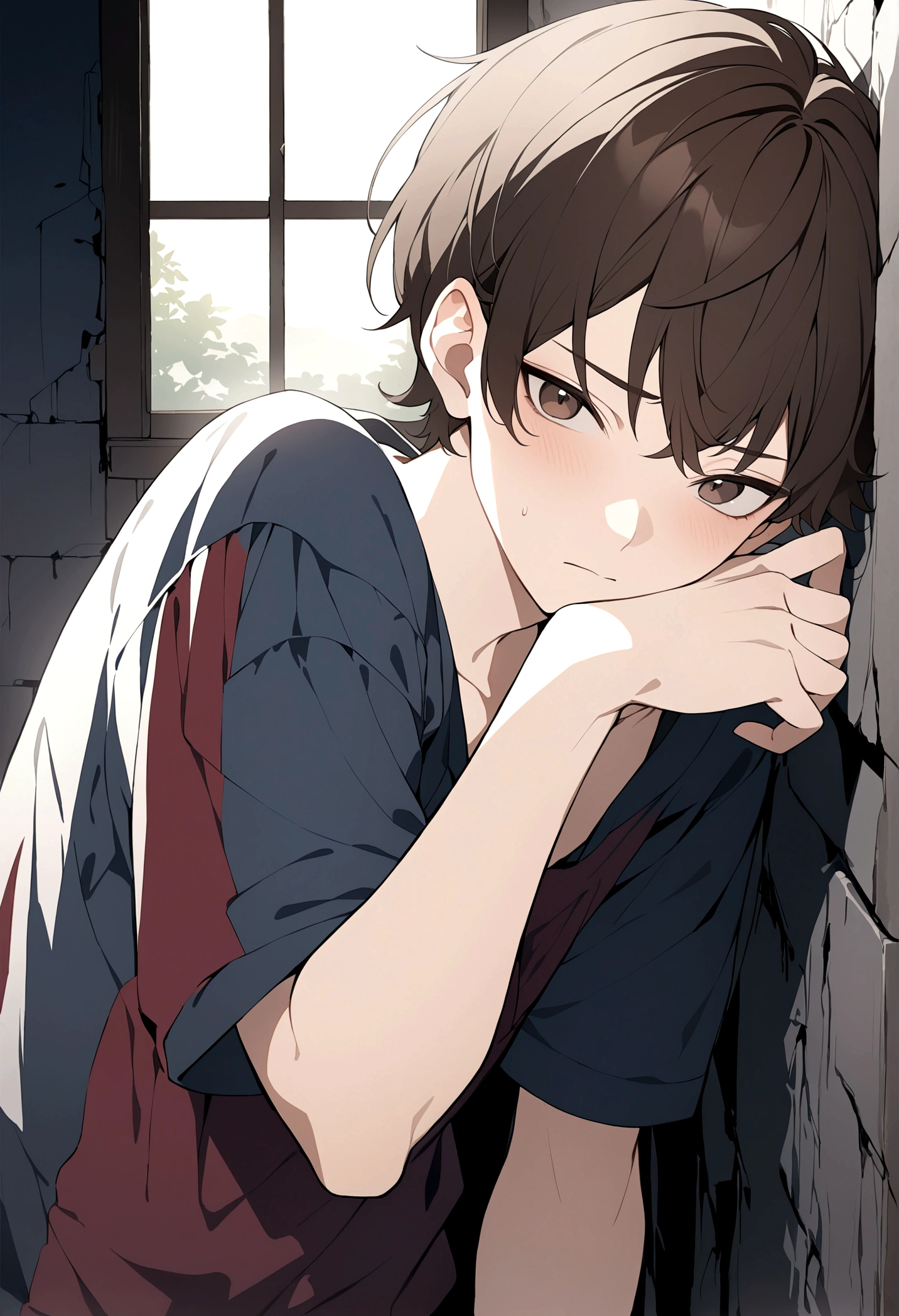 Crying Boy,Crying Boy,A terribly frightened boy,Boy's occipital head,posterior view,barechested,nudde,gargantilha,and bruises all over the body,Dirt all over the body,underground room,gargantilha,Sweating,Concrete walls,Concrete floors,