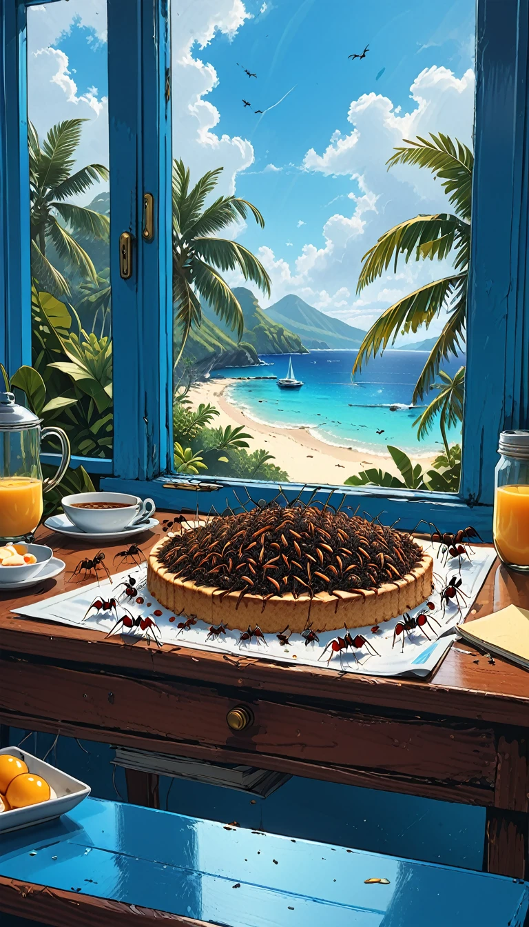 (close-up portrait of ants), (macro shoot ants), many ants, a lot of ants,
(((ants)) on the table in the bedroom, blue walls,blue bad, tropical island outside the window,
panoramic windows, perfect hotel room, smartphone, breakfast, graphic style of novel comics,dark novel, 2d, 8k, hyperrealism, masterpiece, high resolution, best quality, ultra-detailed, super realistic, Hyperrealistic art, high-quality, ultra high res, highest detailed, lot of details, Extremely high-resolution details, incredibly lifelike, colourful, soft cinematic light,