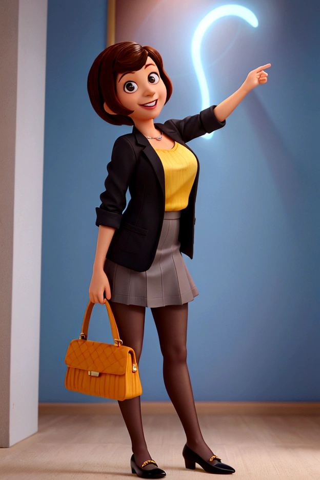 A photo of Ligia Travensolo, a female Disney Pixar 3d style character, based on the movie Inside Out, she is short, is an adult woman, is a french teacher, has light skin and shoulder-length dark brown hair, and brown eyes. She is wearing a black blazer, over a mustard yellow top, paired with a grey skirt and black tights and low heel black shoes. Smiling at the camera.