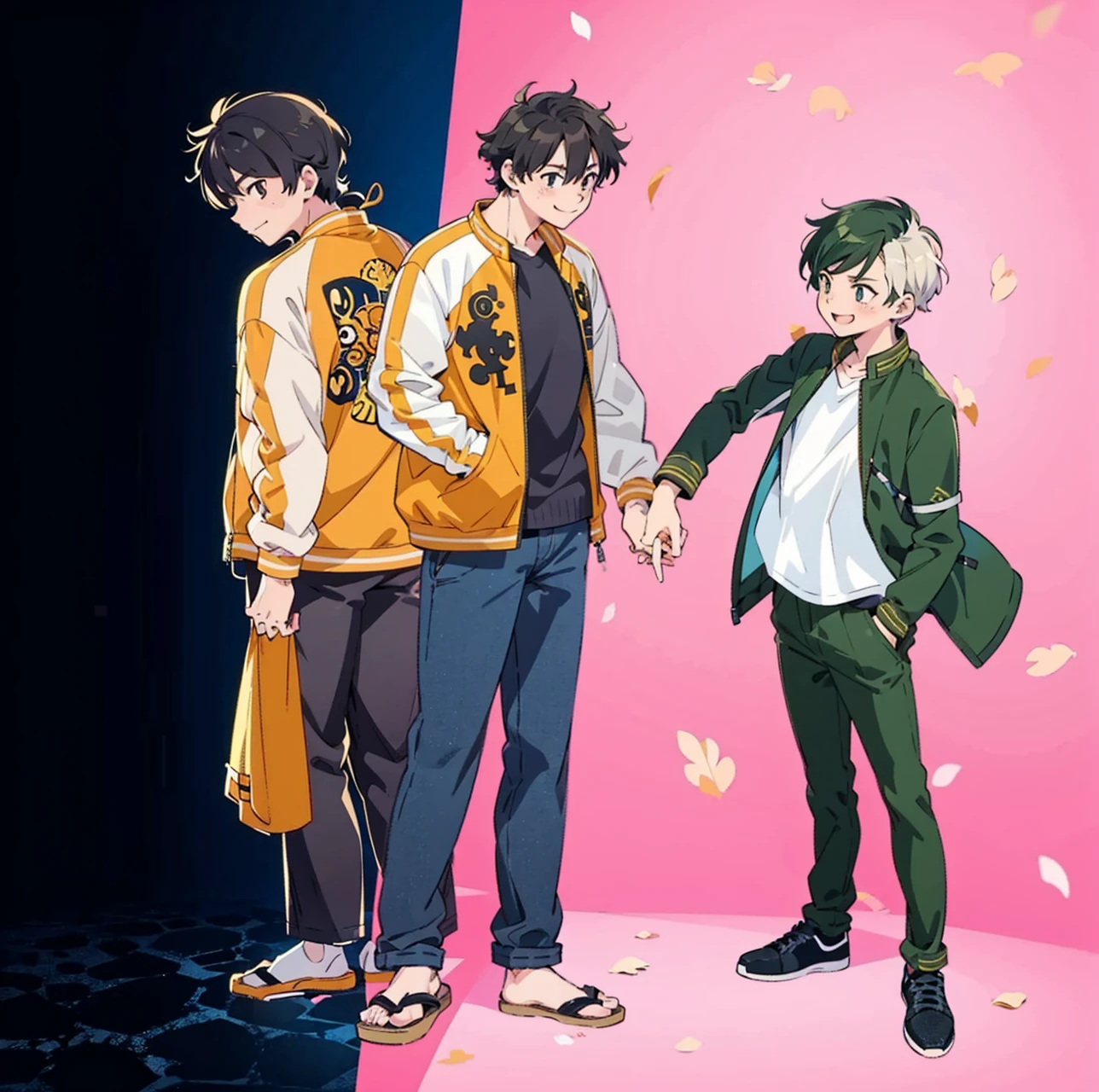 anime characters standing next to each other holding hands on a pink background, smiling, official art, anime key visual", bishounen, official anime still, official fanart, inspired by Okumura Masanobu, anime key visual concept, koyoharu gotouge, official anime art, official studio anime still, official modern anime, anime key visuals, cel shaded anime, Sakura tree petals flying