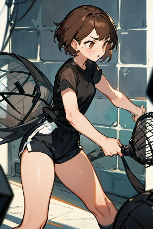 tough girl, short brown hair, black shirt, Short shorts, mesh netting