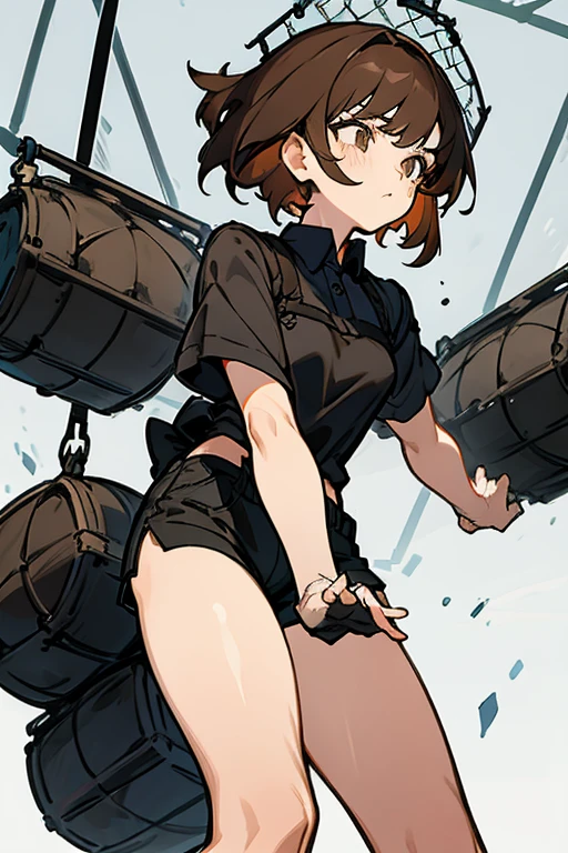 tough girl, short brown hair, black shirt, Short shorts, mesh netting