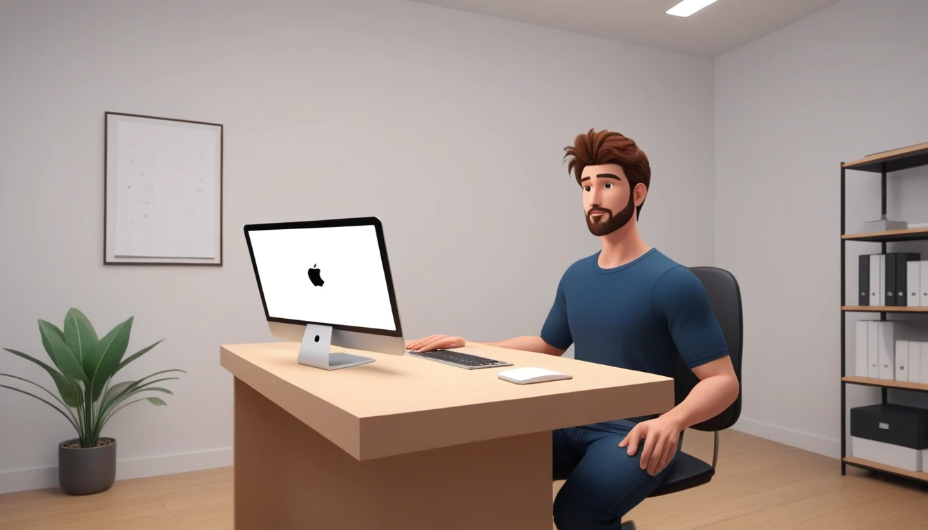 a 30 year old male business character with a friendly appearance and illustrative style, . He is sitting behind his MacBook in his minimalist office., with his arms on his desk. is looking ahead, retrto central, ambiente general de la imagen debe trasmitir una conexion con el minimalism, illustration plana, bold line, minimalism, simplified, illustration
