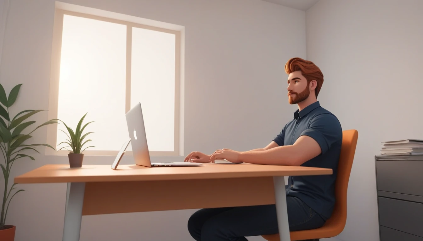 a 30 year old male business character with a friendly appearance and illustrative style, . He is sitting behind his MacBook in his minimalist office., with his arms on his desk. is looking ahead, retrto central, ambiente general de la imagen debe trasmitir una conexion con el minimalism, illustration plana, bold line, minimalism, simplified, illustration
