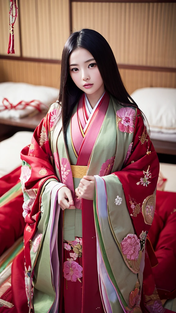 8K Historical drama style Beautiful slender Japanese child princess with long black hair Gorgeous embroidery, Ultra glossy, She is wearing a shiny Heian period princess kimono. She exposes her nipples and squeezes out breast milk on the futon