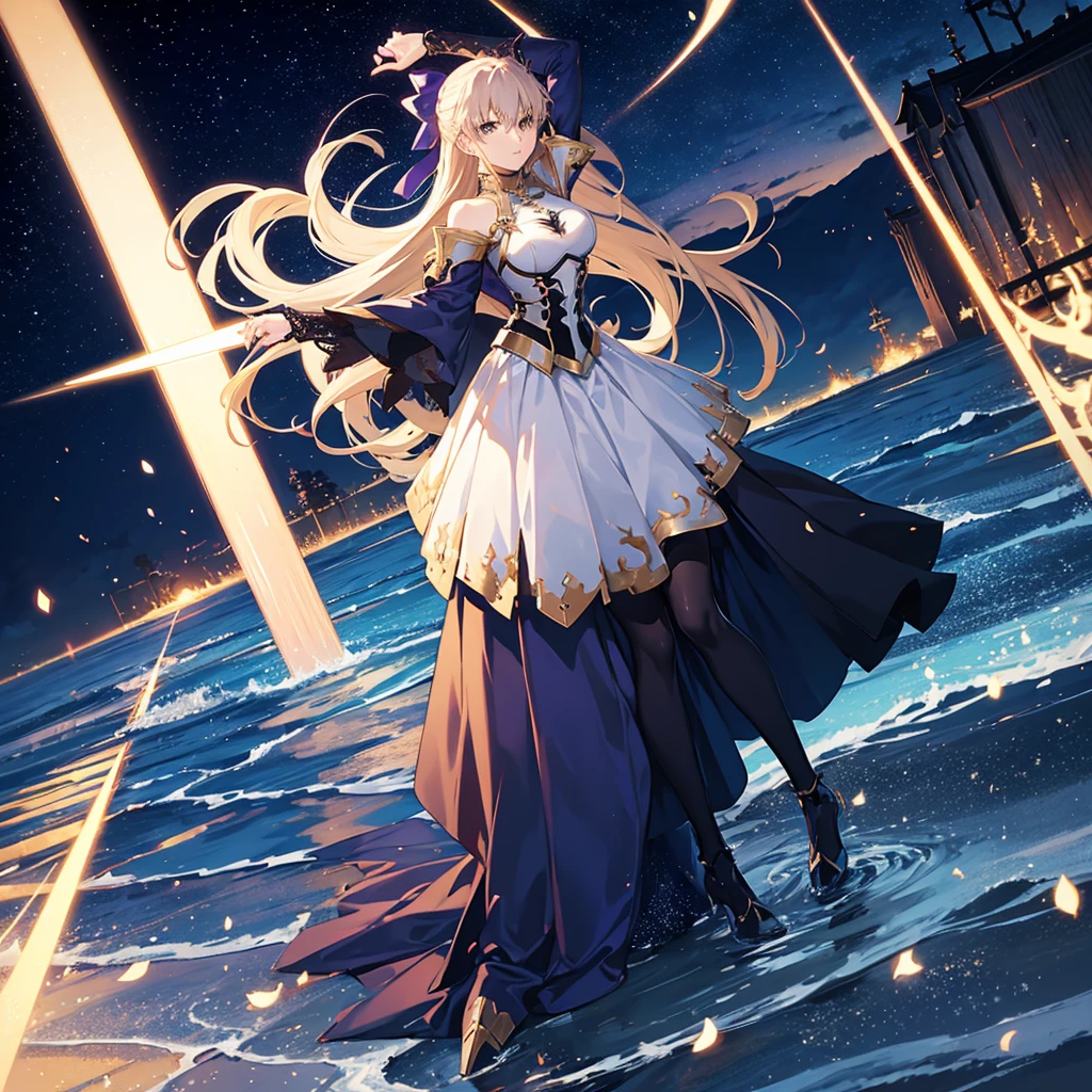 anime style(fate stay night) know arturia, woman of generous proportions, shiny intricate gothic clothing, dancing on the beach at night, very bright,HDR,abstract --quality .25 --chaos 100