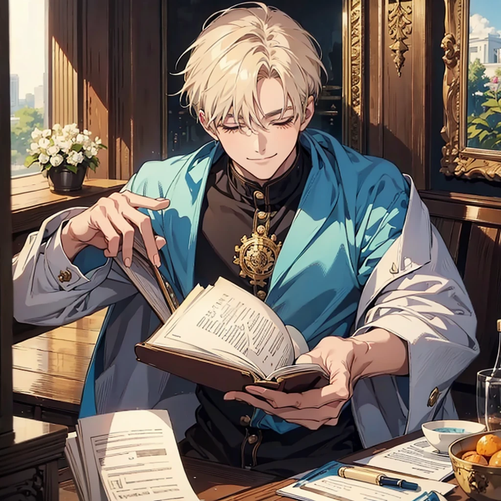 masterpiece , best quality , man , reading , chibi , anime , smile