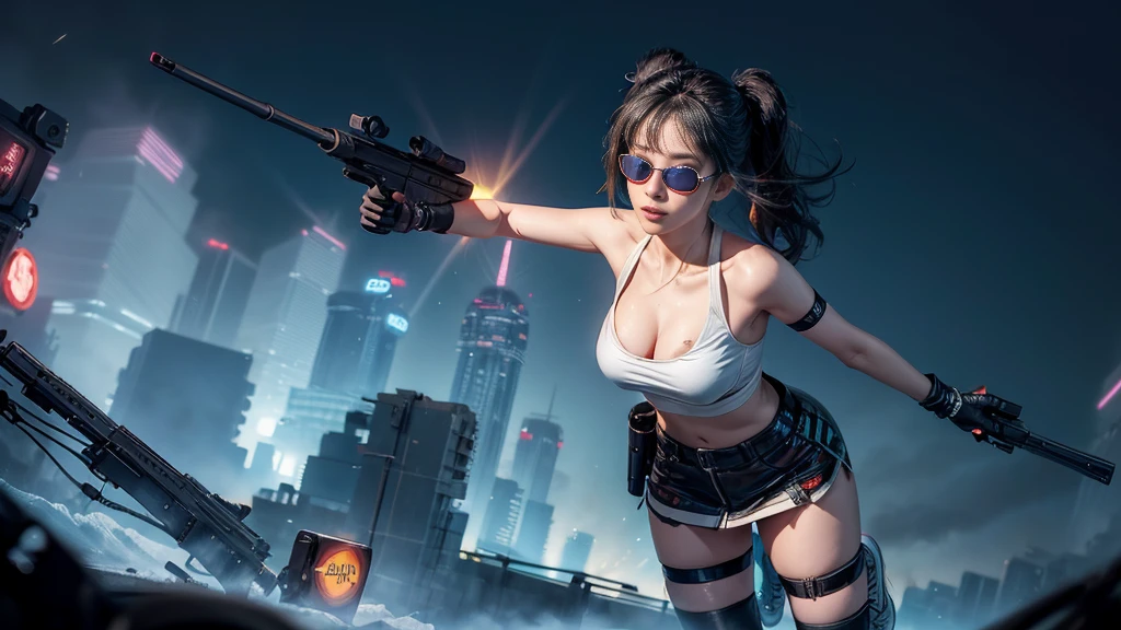 8k, Realistic Skin Texture, Realistic Photo, Neo Tokyo, slim women, large-breast:1.4 cleavage:1.3, AD2050 at night, Dirty hunting jacket, Wearing tube top, miniskirt, (((black sunglasses, automatic rifle, sneakers, cold, shooting pose, very low angle view))), Innovative composition, revenge, cyberpunk, blade runner worldview, Large neon sign, Geisha hologram sign, Strong Wakamoto Sign.