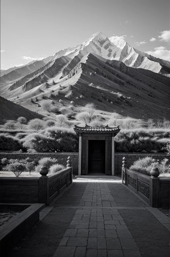 Golden peaks，Sunshine Jinshan detailed；Freehand painting；Gobi；Mountains；Tang Dynasty Style；black and white；Visitors；Antique；Impressionism；No emphasis on light, shadow and perspective；