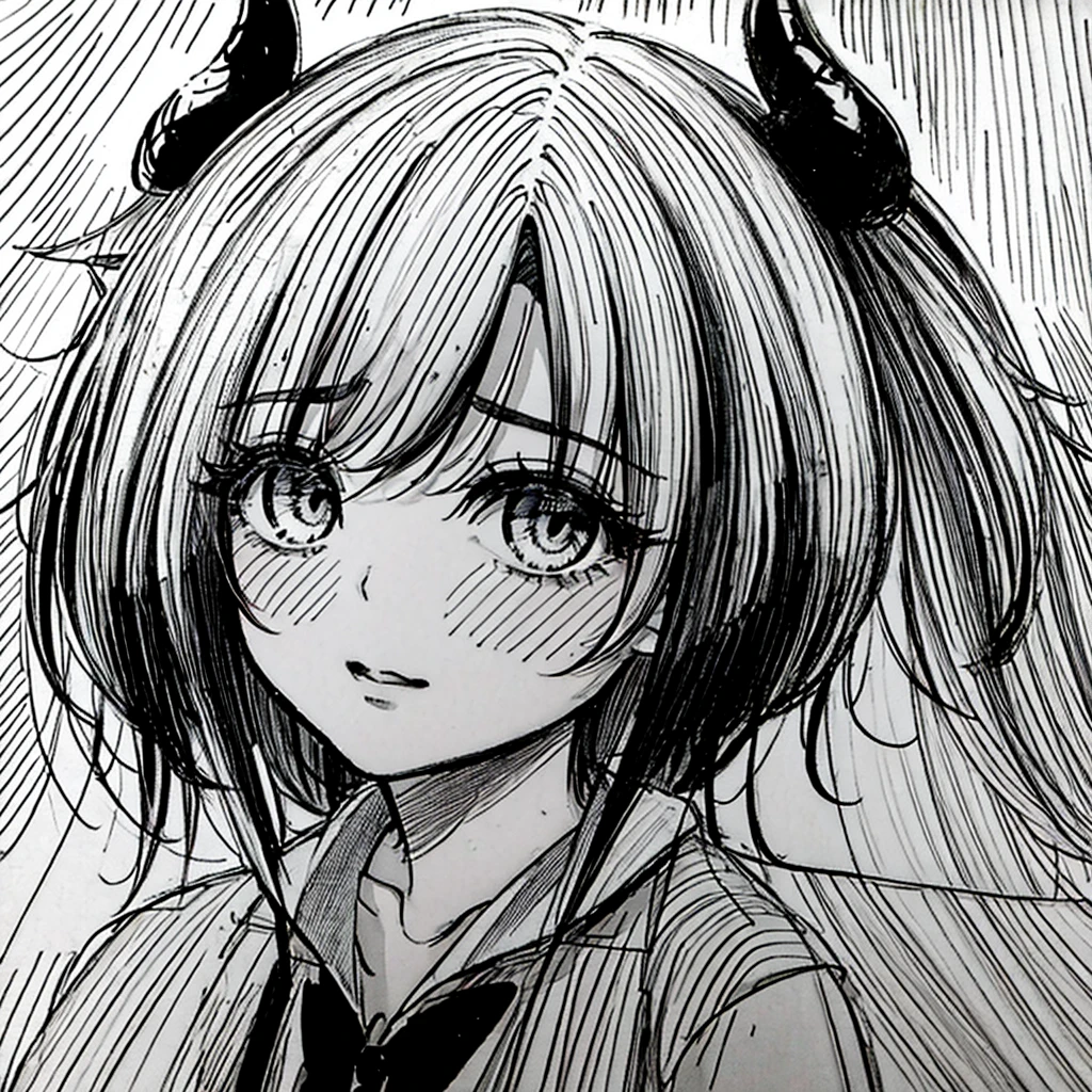 make a portrait of a devil horned girl face in the rain with black and white colors