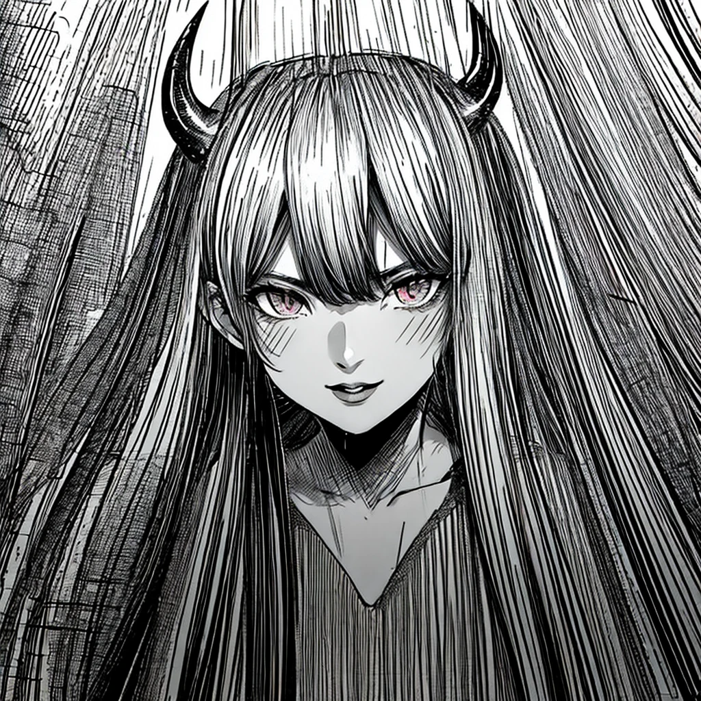 make a portrait of a devil horned girl face in the rain with black and white colors