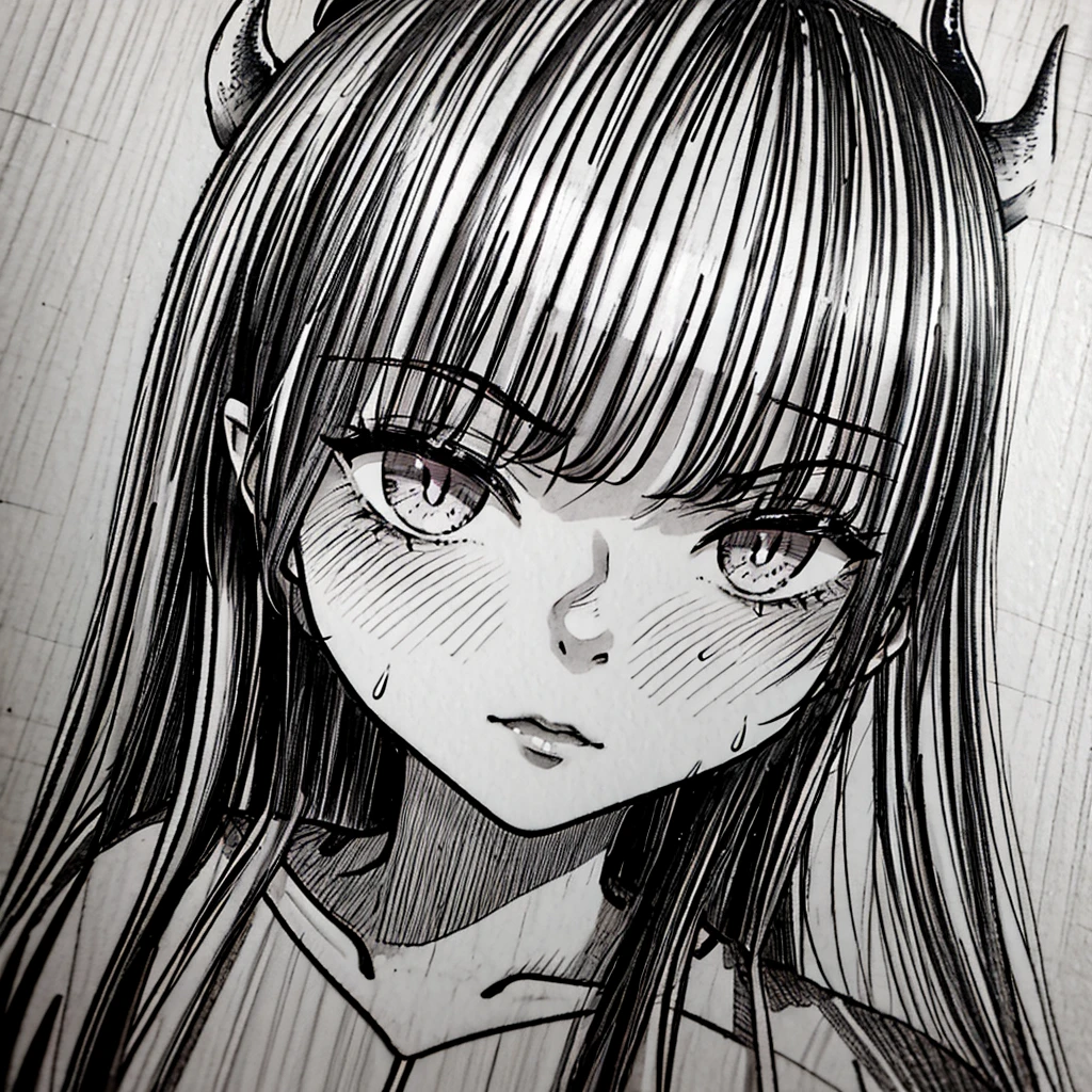 make a portrait of a devil horned girl face in the rain with black and white colors