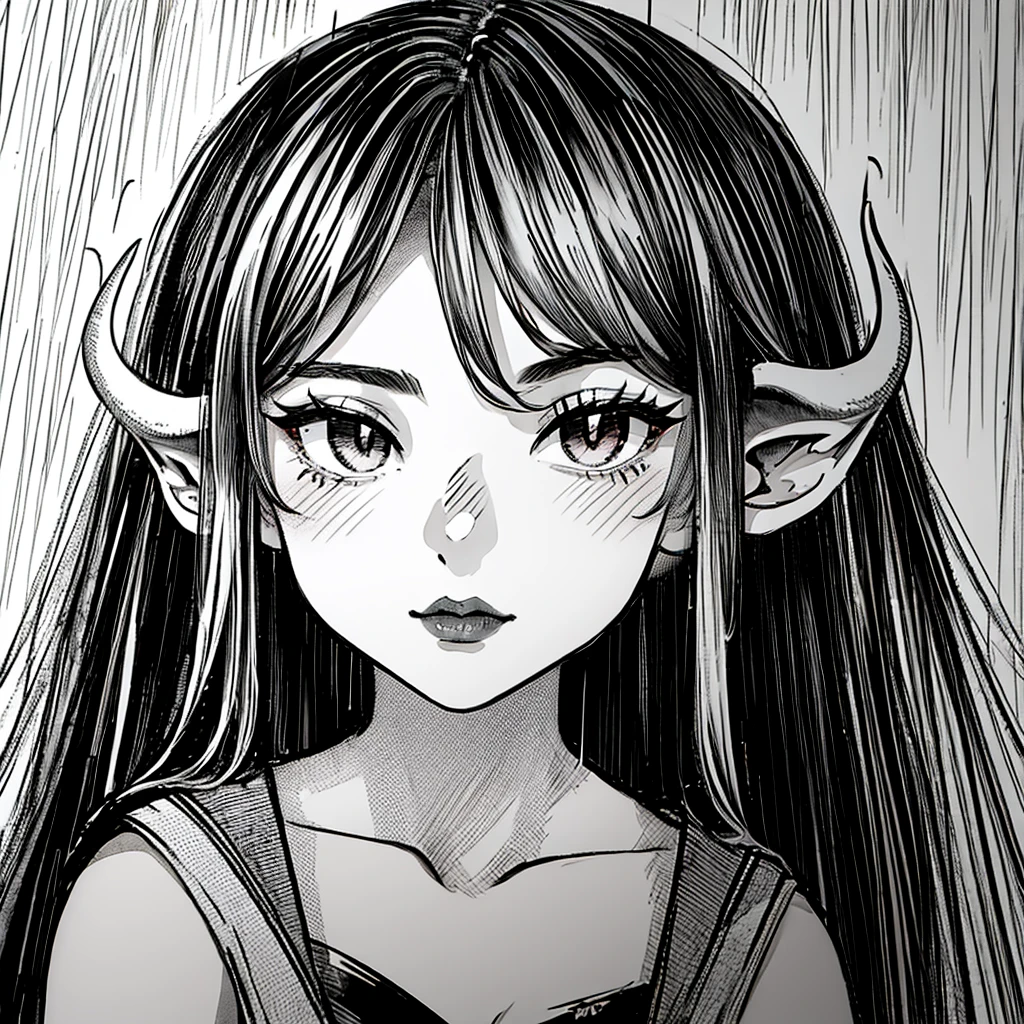 make a portrait of a devil horned girl face in the rain with black and white colors