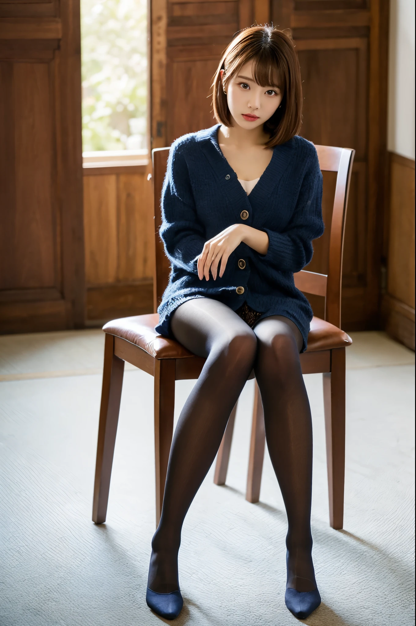 ulzzang-6500-v1.1, (RAW Photos:1.2), (Realistic Photo), Beautiful girl with attention to detail, (Realistic:1.4), Beautiful eye and face with High Detail, Beautiful eye with High Detail, Japanese , , (Ultra Realistic Pantyhose:1.2), No shoes, Sitting in a chair, (Ultra Realistic pantyhose:1. 2), No shoes, Toes, Sitting in a chair, Huge file sizes, High resolution, very detailed, Highest quality, [masterpiece:1. 6], figure, very detailed, Hmph, detailed, Highest quality, 8k wallpaper, Cinema Lighting, One Girl, 17 years old, Perfect figure, タレeyeかわいい, 大きく美しいeye, eye , (( masterpiece)), Highest quality, 1 Girl, Eyeshadow, ((Full Body Shot:1.4)),.