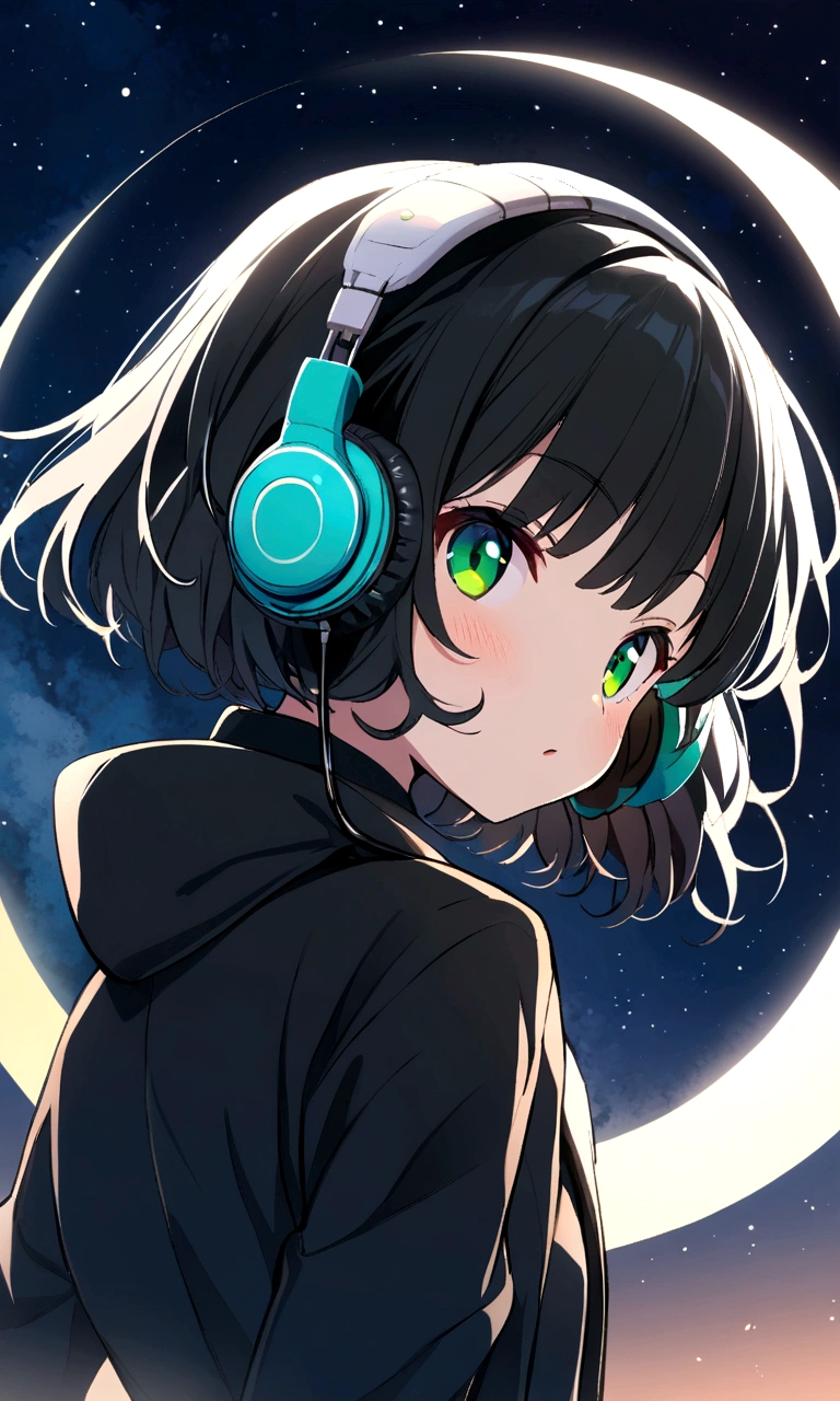 anime, 1 girl, cute, black short hair, green eyes, focus face, headphone, black jacket, moon background