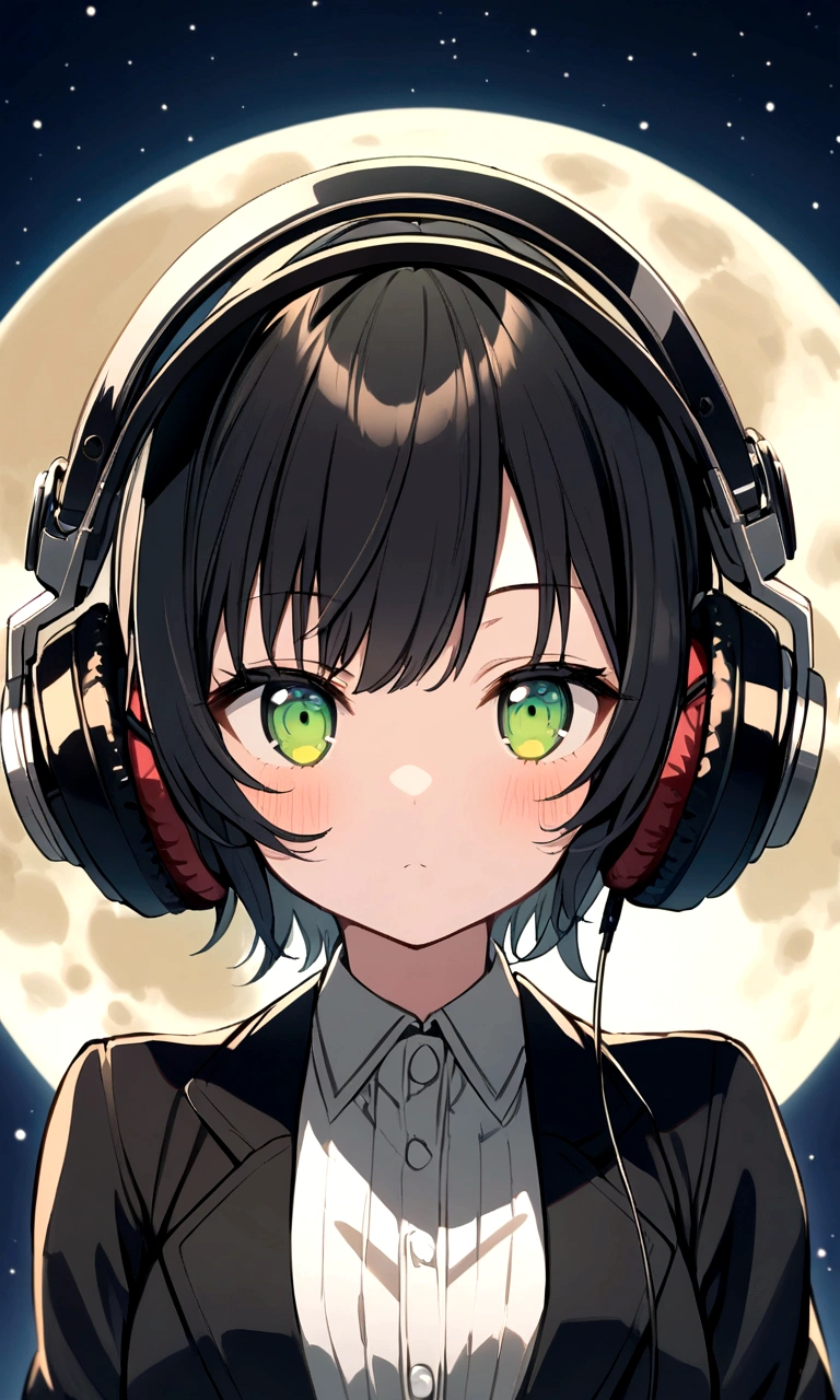 anime, 1 girl, cute, black short hair, green eyes, focus face, headphone, black jacket, moon background