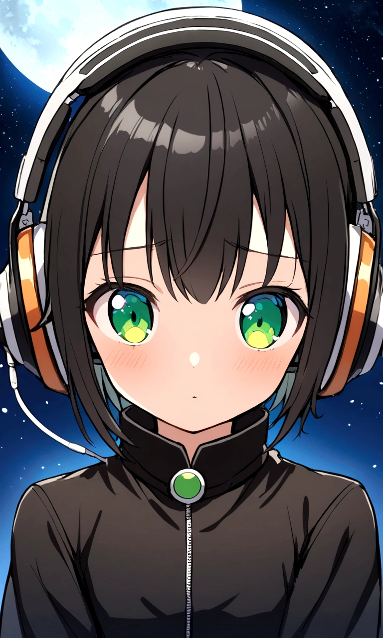 anime, 1 girl, cute, black short hair, green eyes, focus face, headphone, black jacket, moon background