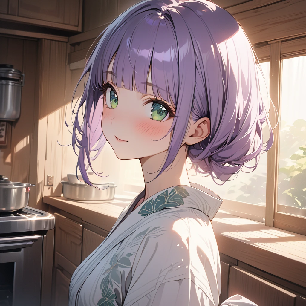 masterpiece, ultra detailed, 8K, a girl, kawaii, light atmosphere, (Cute a tsundere girl:1.5), anime visual, (tilt head:1.3), extremely delicate face, realistic lighting and shading, (an extremely delicate and beautiful art:1.3), a girl,blush,Japanese-style white colored yukata,
from side, cowboy shot, pale purple hair, blunt bangs hair, green eyes, Wearing an apron over an indigo-colored Oshima Tsumugi, she turns around and smiles while standing in the kitchen,look at viewer,