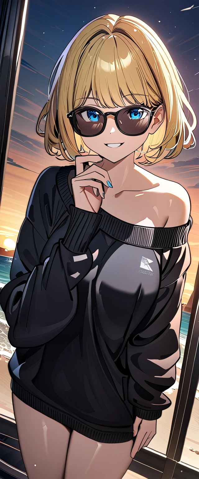 ((sea, beach)), ((from above)), (((sunglasses, hand to sunglasses))), (((cowboy shot))), ((wavy hair, inward curled hair)), evening, ((Sunset)), ((blond hair, bob cut:1.3)), breasts, ager, (looking at viewer), oversized clothes, puffy long sleeves, ((off-shoulder sweater:1.3, Quite thick shoulder straps)), ((black sweater)), collarbone, head tilt:1.3, (((blue eyes))), ((happy smile)), (((anime style))), (best quality, 4K, 8K, highres, masterpiece:1.2, ultra-detailed, ultra-detailed eyes, HDR, uhd, studio lighting, ultra-fine painting, sharp focus, physically-based rendering, extreme detail description, professional, vivid colors, bokeh)