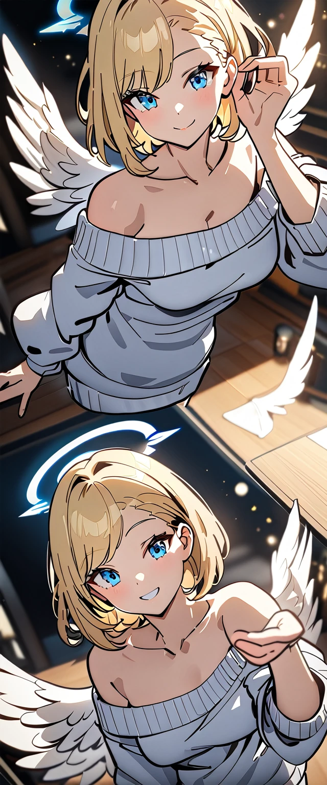((angel, big big white wings:1.3, halo:1.3)), bare legs, ((from above)), (((sunglasses, hand to sunglasses))), (((full body))), archangel Uriel, ((wavy hair, inward curled hair)), evening, Sunset, ((blond hair, bob cut:1.3)), breasts, teenager, (looking at viewer), oversized clothes, puffy long sleeves, ((off-shoulder sweater:1.3, Quite thick shoulder straps)), ((white sweater)), collarbone, head tilt:1.3, (((blue eyes))), ((happy smile)), (((anime style))), (best quality, 4K, 8K, highres, masterpiece:1.2, ultra-detailed, ultra-detailed eyes, HDR, uhd, studio lighting, ultra-fine painting, sharp focus, physically-based rendering, extreme detail description, professional, vivid colors, bokeh)