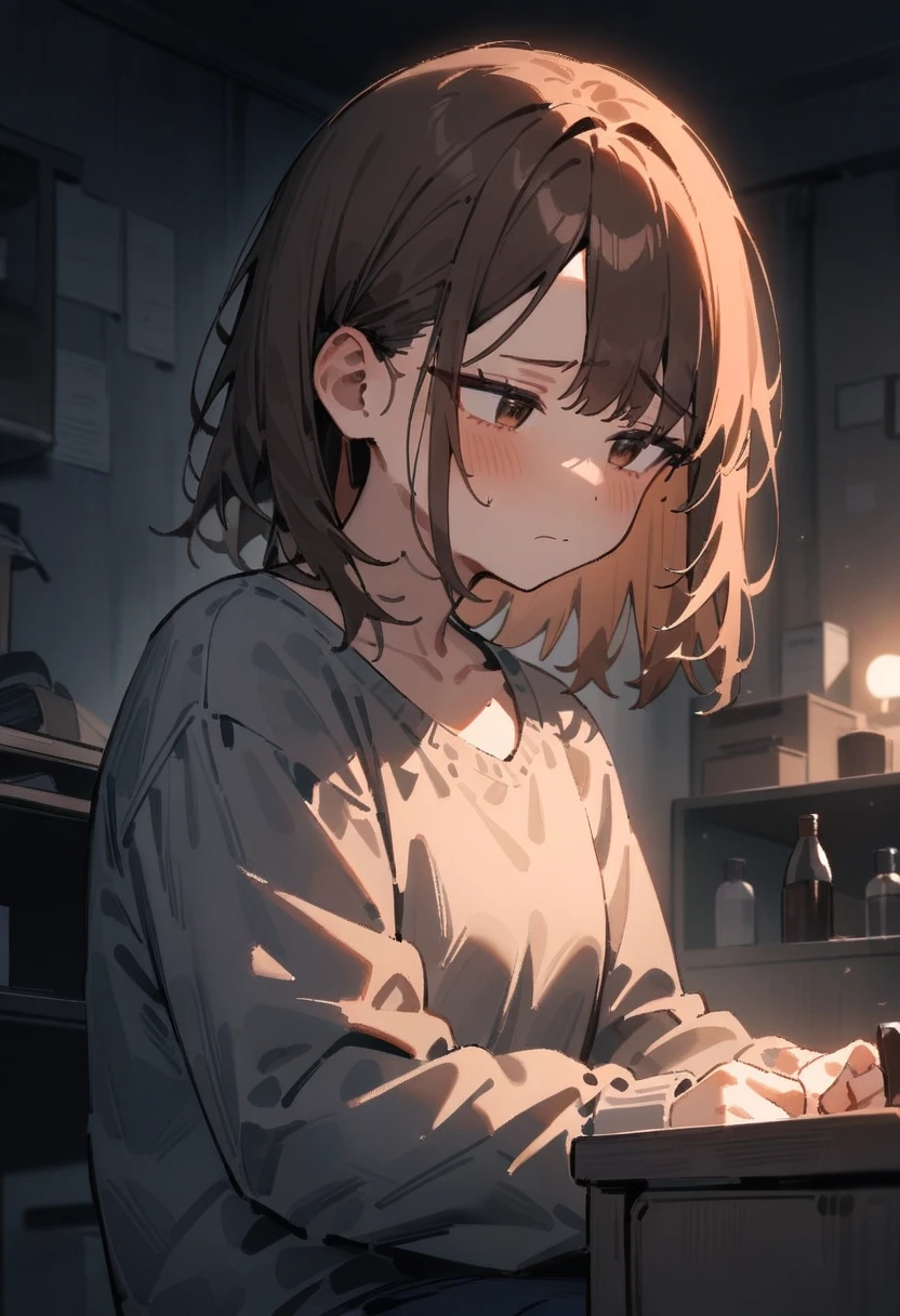 masterpiece, best quality, very aesthetic, absurdres, newest, 1girl, solo, asymmetrical bangs, tareme, young, short brown hair, weary eyes, staring blankly, somber expression, casual clothes, dimly lit room, empty bottles, cluttered desk, dark and oppressive atmosphere, neglected messy apartment, sitting, upper body shot