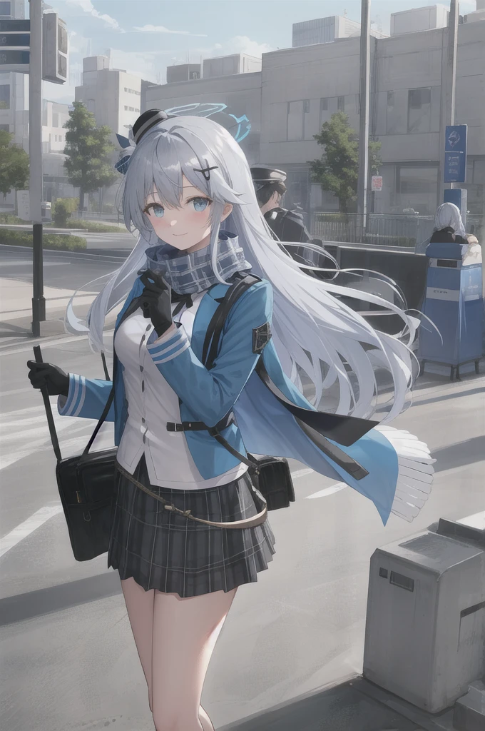 Sky blue scarf，Blue Jacket，Wearing a hat，ID card，White T-shirt，Silver Hair，Gray ear，Black gloves，blue eyes，Plaid skirt，Blue Halo，on the street，Smile，Looking at the audience