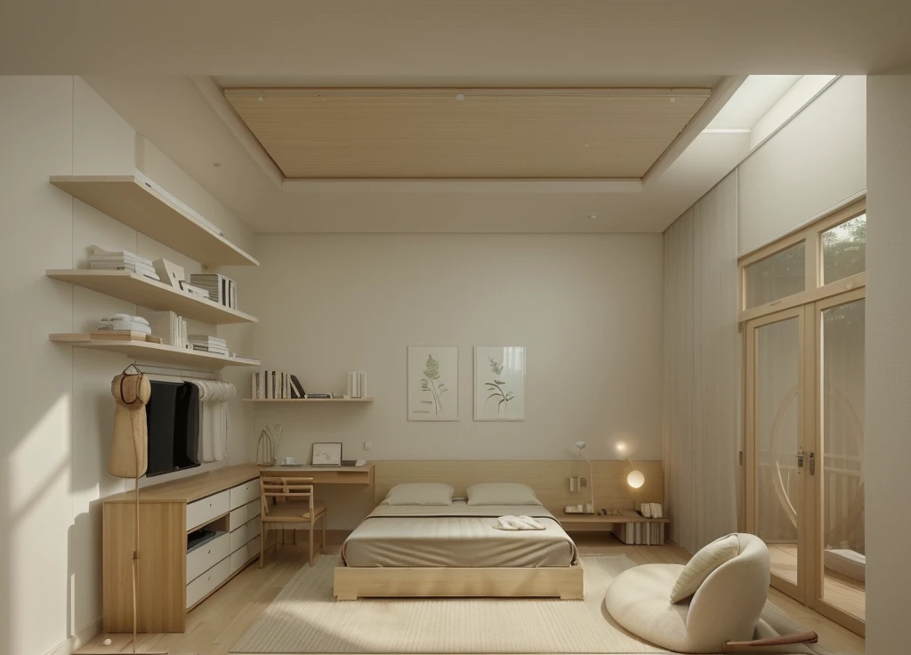 A serene Muji style bedroom with a minimalist design, featuring a neutral color palette of soft whites, beiges, and natural wood tones. The room showcases a low-profile wooden bed with simple, clean lines, dressed in cozy, neutral-toned bedding. On either side of the bed are small, minimalist nightstands with simple, round lamps providing soft, ambient lighting. The walls are adorned with minimal decor, including a single framed artwork of a green leaf above the bed. 

To the right, there's a functional wooden desk with a round mirror and a small potted plant, exuding a sense of calm and natural beauty. The floor is covered with a simple, textured rug that complements the wooden flooring. Large windows with bamboo blinds allow natural light to filter in, creating a warm and inviting atmosphere. , large doors look to balcony on the right, The room is free of clutter, emphasizing functionality and simplicity, characteristic of the Muji style. 

The ceiling is flat with recessed downlights arranged in a sparse, straight line pattern, providing subtle and even illumination throughout the room. 

((8k)), high quality detail, soft lighting, minimalist design, neutral color palette, natural materials, clean lines, serene and inviting, modern Japanese aesthetic, flat ceiling, recessed downlights.
