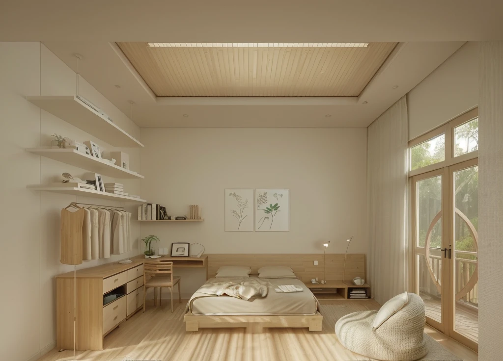 A serene Muji style bedroom with a minimalist design, featuring a neutral color palette of soft whites, beiges, and natural wood tones. The room showcases a low-profile wooden bed with simple, clean lines, dressed in cozy, neutral-toned bedding. On either side of the bed are small, minimalist nightstands with simple, round lamps providing soft, ambient lighting. The walls are adorned with minimal decor, including a single framed artwork of a green leaf above the bed.
To the right, there's a functional wooden desk with a round mirror and a small potted plant, exuding a sense of calm and natural beauty. The floor is covered with a simple, textured rug that complements the wooden flooring. Large windows with bamboo blinds allow natural light to filter in, creating a warm and inviting atmosphere. , large doors look to balcony on the right, The room is free of clutter, emphasizing functionality and simplicity, characteristic of the Muji style.
The ceiling is flat with recessed downlights arranged in a sparse, straight line pattern, providing subtle and even illumination throughout the room.
((8k)), high quality detail, soft lighting, minimalist design, neutral color palette, natural materials, clean lines, serene and inviting, modern Japanese aesthetic, flat ceiling, recessed downlights.