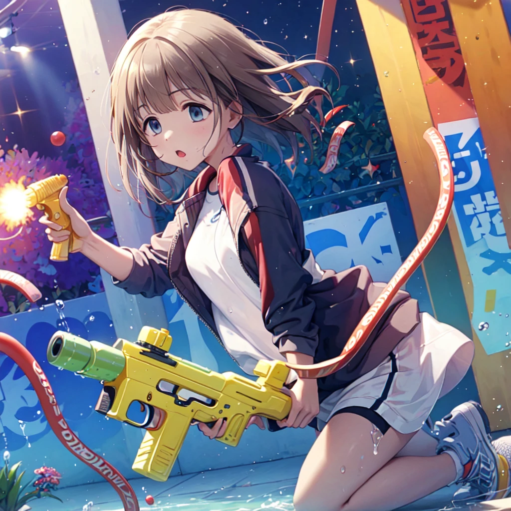 Spraying water on each other with water guns、soaked、NFSW、Innocent girl playing、Sportswear