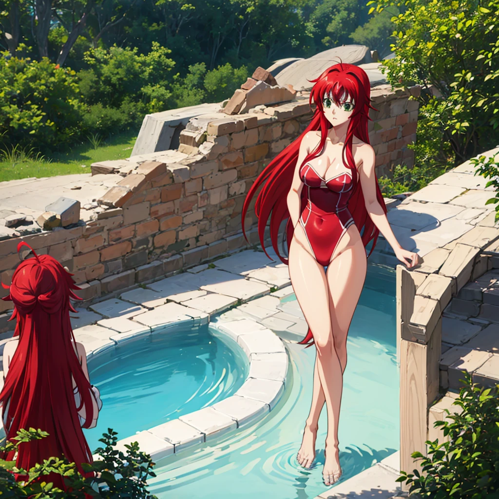 (best quality)), ((Masterpiece)), (Detailed), Perfect Face,1girl,rias gremory, huge ahoge, long hair, hair between eyes, (green eyes:1.3), red hair,one-piece swimsuit,clothing cutout,competition swimsuit,collarbone,(highleg:1.3),pool