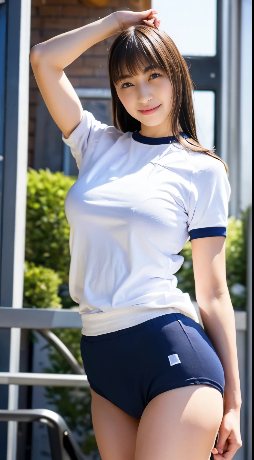 alone、high school girl、White skin、Natural Makeup、Black Hair、bangs、Straight Long Hair、(((White short-sleeved T-shirt on the upper body)))、((Long white gym clothes))、(((Very tight bloomerid rise bloomers)))、(((Navy Bloomer)))、(((Tuck the bottom of your gym clothes into your bloomers)))、Big Breasts、Big Ass、(((Schoolyard)))、((Realistic fingers))、((Perfect Style))、((Realistic body shape))、(((upright)))