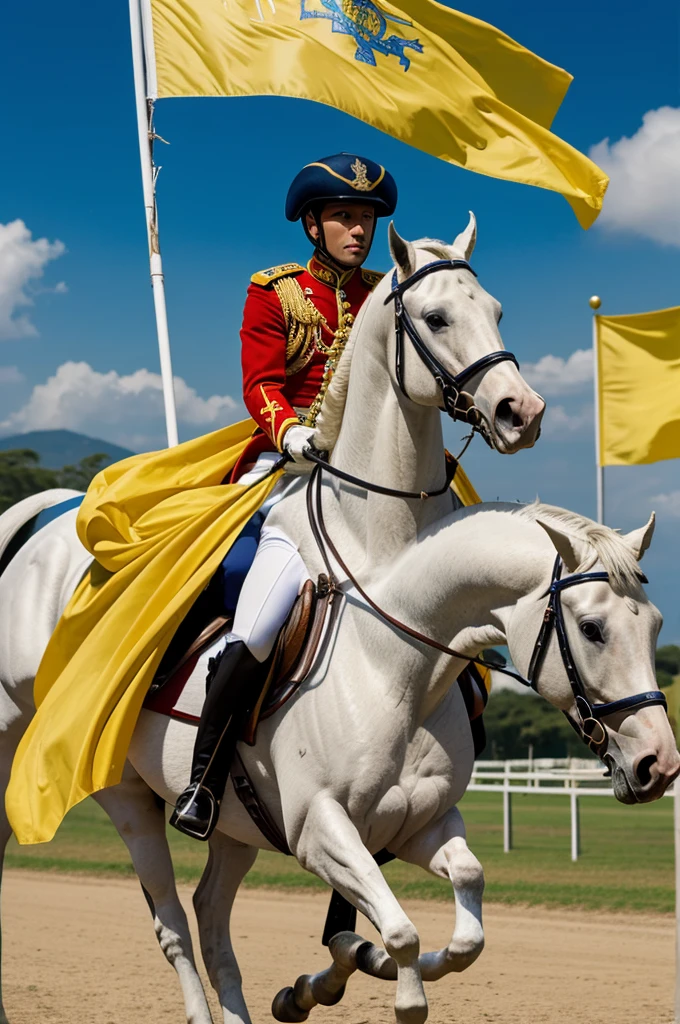 Elegant slim soldier man riding elegant white horse with yellow Venezuela flag, blue and red