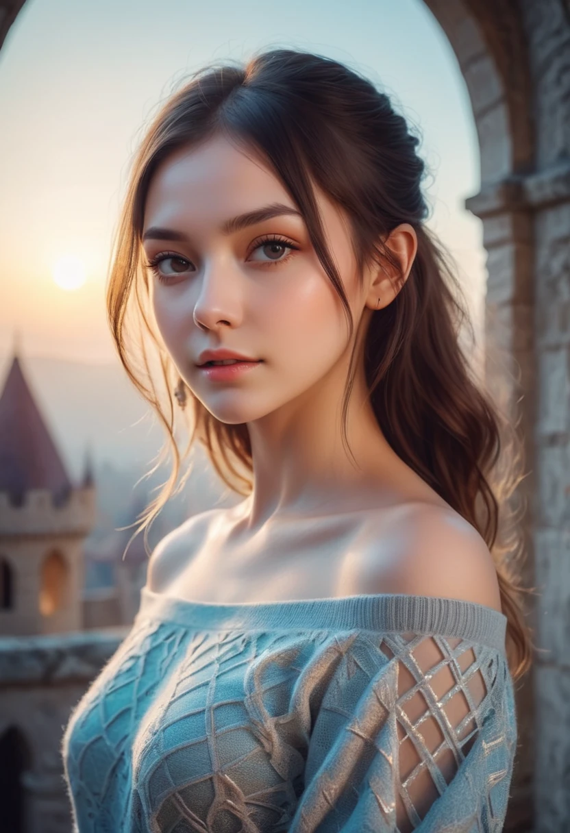 One girl,Mysterious Girl ,Exotic girl in off-the-shoulder sweater,Fading backlight background,pastel colour,Enchanting Goddess,Amazing depth,Double exposure,Surreal,Geometric pattern,Exquisitely crafted,Bokeh,Perfect balance,Deep and thin border,Artistic Photorealism,Smooth,Inside the castle