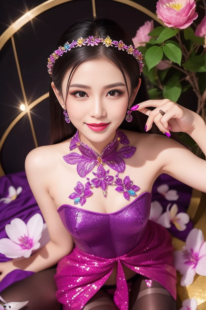 sexy Thai model who controls poison、beautiful smile、lip-gloss、bold lipstick、intense makeup、look at the camera、full body Esbian、、sparkling poisoned flower costume、、、、sparkling Colorful hair、secrete poison、skull hair accessories、sexy tights、shiny sparkling flowers background