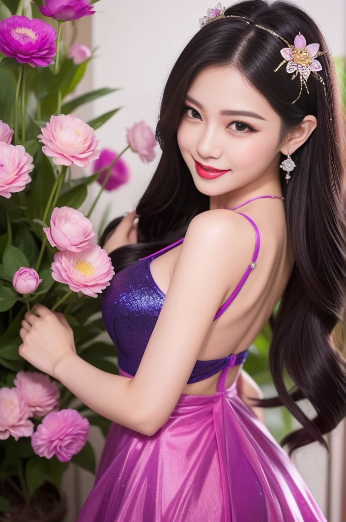 sexy Thai model who controls poison、beautiful smile、lip-gloss、bold lipstick、intense makeup、look at the camera、full body Esbian、、sparkling poisoned flower costume、、、、sparkling Colorful hair、secrete poison、skull hair accessories、sexy tights、shiny sparkling flowers background