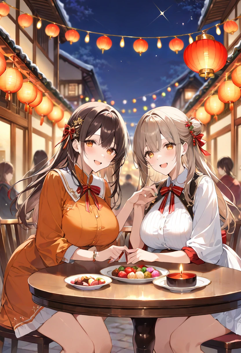 masterpiece, best quality, ultra detailed, detailed eyes, sparkling eyes, ((large breasts)), The image captures a festive scene centered around two female college student enjoying what appears to be a holiday celebration. The setting is outdoors in the evening, with a background filled with colorful lanterns and lights strung across, creating a warm and cheerful ambiance. In the distance, there are blurred figures of people, indicating a lively gathering. The focus of the image is on the two girls positioned in the foreground. The girl on the left has dark hair adorned with a star-shaped hairpin. She is dressed in a white outfit with red accents and is smiling brightly while holding red envelopes, which are often associated with gift-giving during festive occasions. The girl on the right has light brown hair tied back and is dressed in an orange outfit. She is leaning towards the other girl with a joyful expression, suggesting their close relationship and shared excitement. In addition to the main subjects, the table in front of them is decorated with wrapped gifts tied with golden ribbons, further emphasizing the festive theme. A lit candle on the table adds to the cozy and warm ambiance, and a small dish of colorful sweets or chocolates is also visible, suggesting that treats are part of the celebration. The lighting in the image, provided by the lanterns and candlelight, creates a soft and inviting atmosphere. The overall mood is joyful and celebratory, capturing the essence of a festive gathering where warmth, joy, and togetherness are at the forefront.