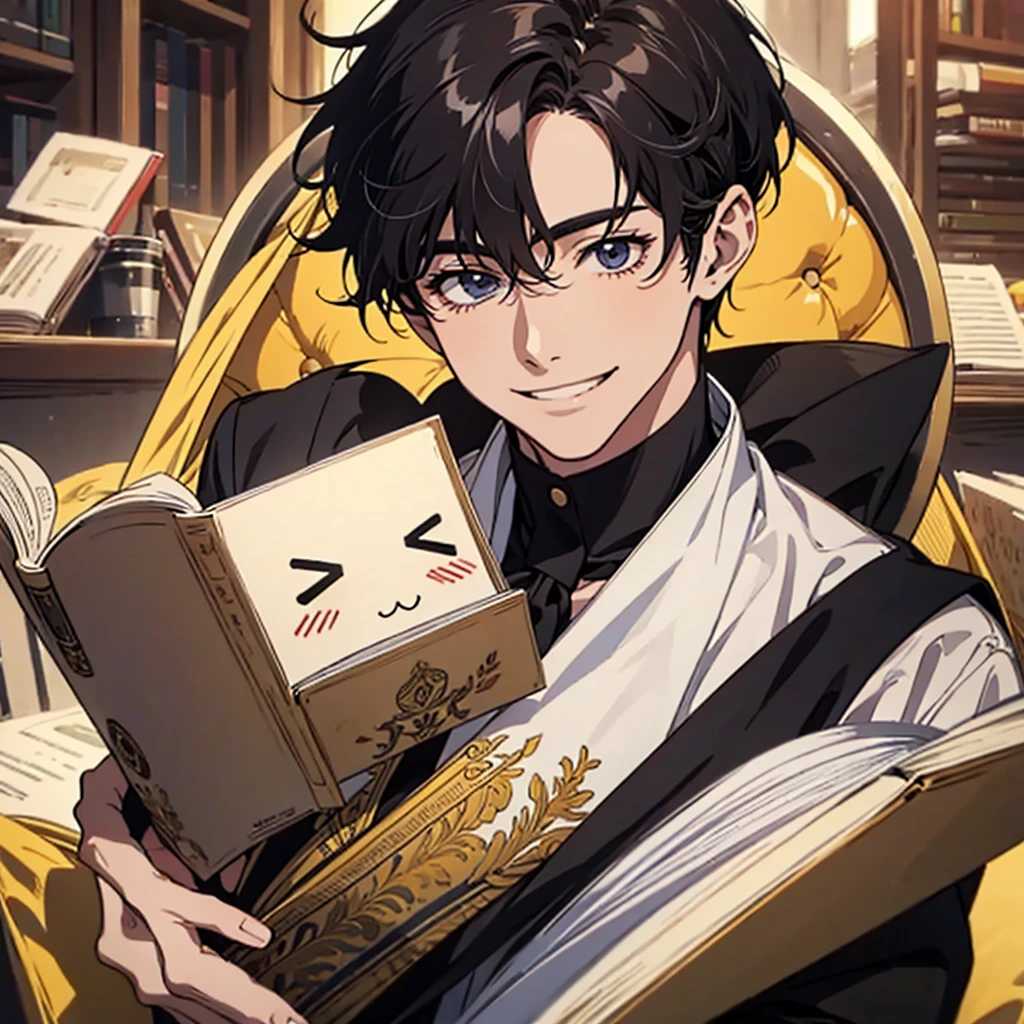 masterpiece , best quality , man , reading , chibi , anime , smile , black hair