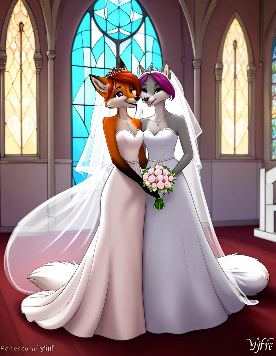 furry fox yiff bride lesbian & lesbian women & women & wedding dress wedding dress wedding dress veil tiara chapel,