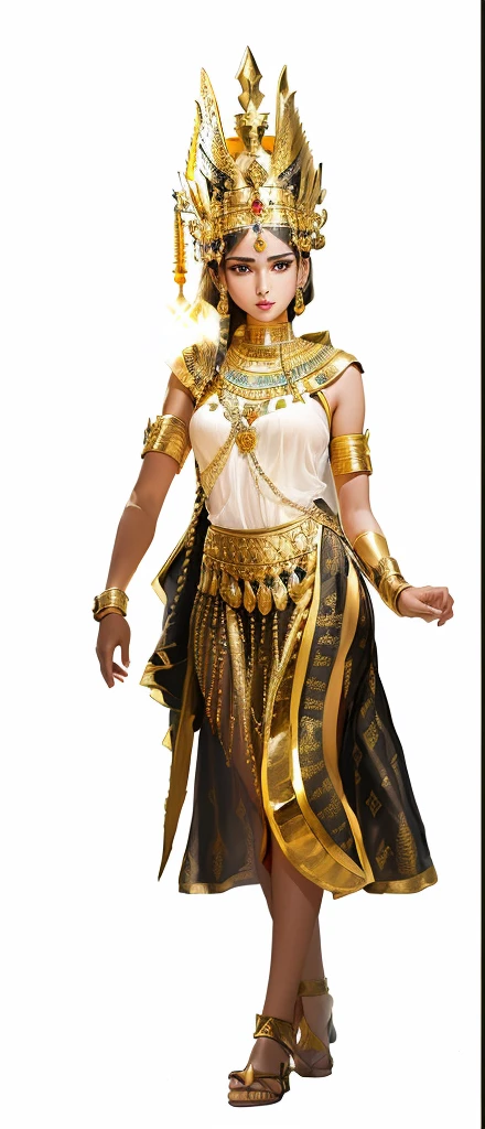 arafed woman in a thai costume with a crown and a sword, black emma watson as egyptian, pharaoh clothes, egyptian princess, egyptian clothes, wearing an egyptian crown, egyptian clothing, cleopatra, high quality theatre costume, ancient libu princess, full body close-up shot, egyptian warrior, emma watson as a greek goddess, cleopatra portrait, costume, beautiful cleopatra
