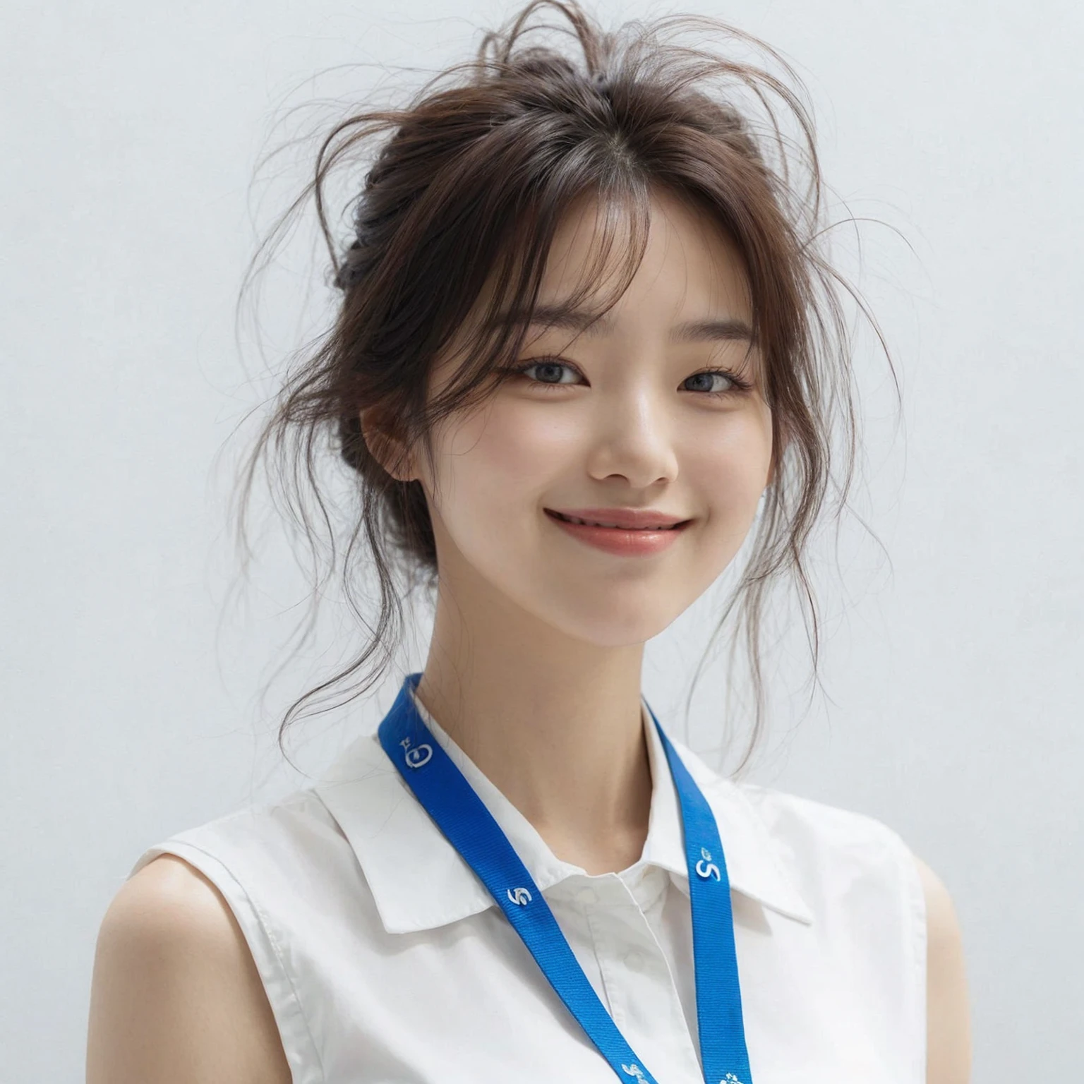 A korean female with messy hairstyle. They are dressed in a sleeveless white blouse and have a blue lanyard around their neck. The expression is cheerful, with a smile. The background is clean and minimalistic with a white wall. UHD. 8k. realistic photo. masterpiece. Super detailed,Very detailed,sharp focus,Surreal:1.4,professional,HD images